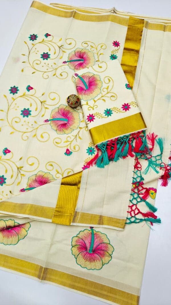 Kerala Cotton Embroidery Sarees | Traditional & Elegant Collection