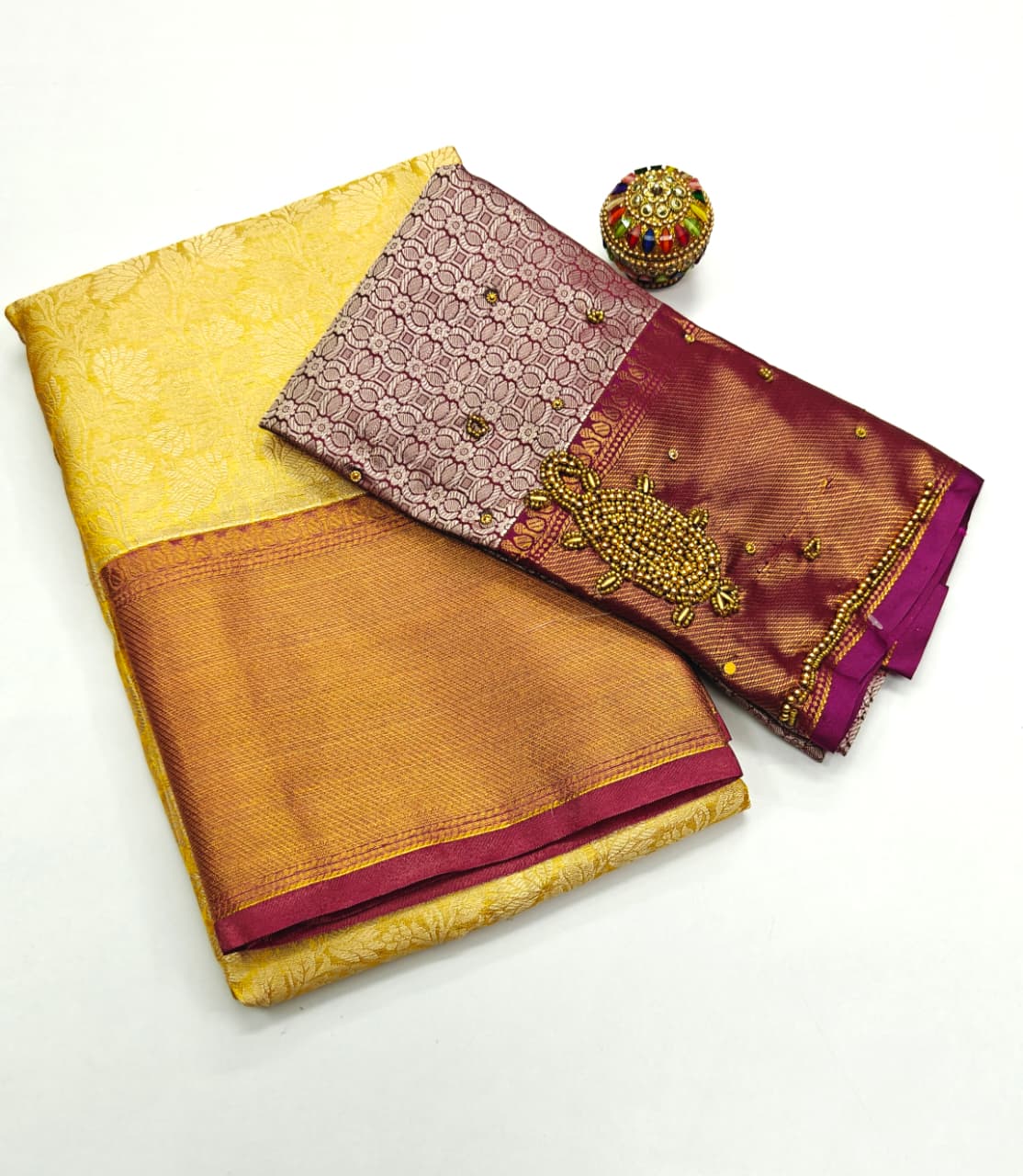 Nita Ambani Inspired Designer Saree with Floral Border & Aari Work Blouse