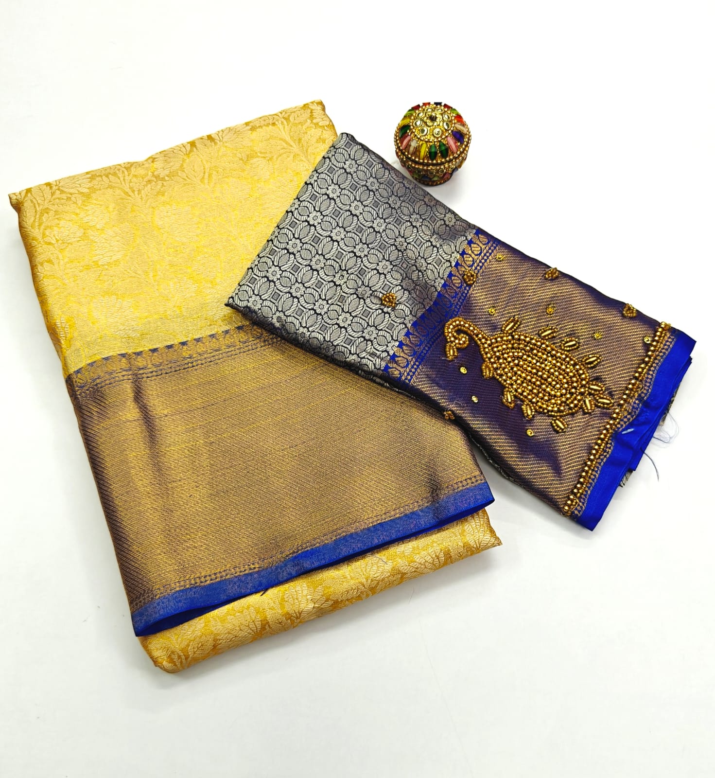 Nita Ambani Inspired Designer Saree with Floral Border & Aari Work Blouse