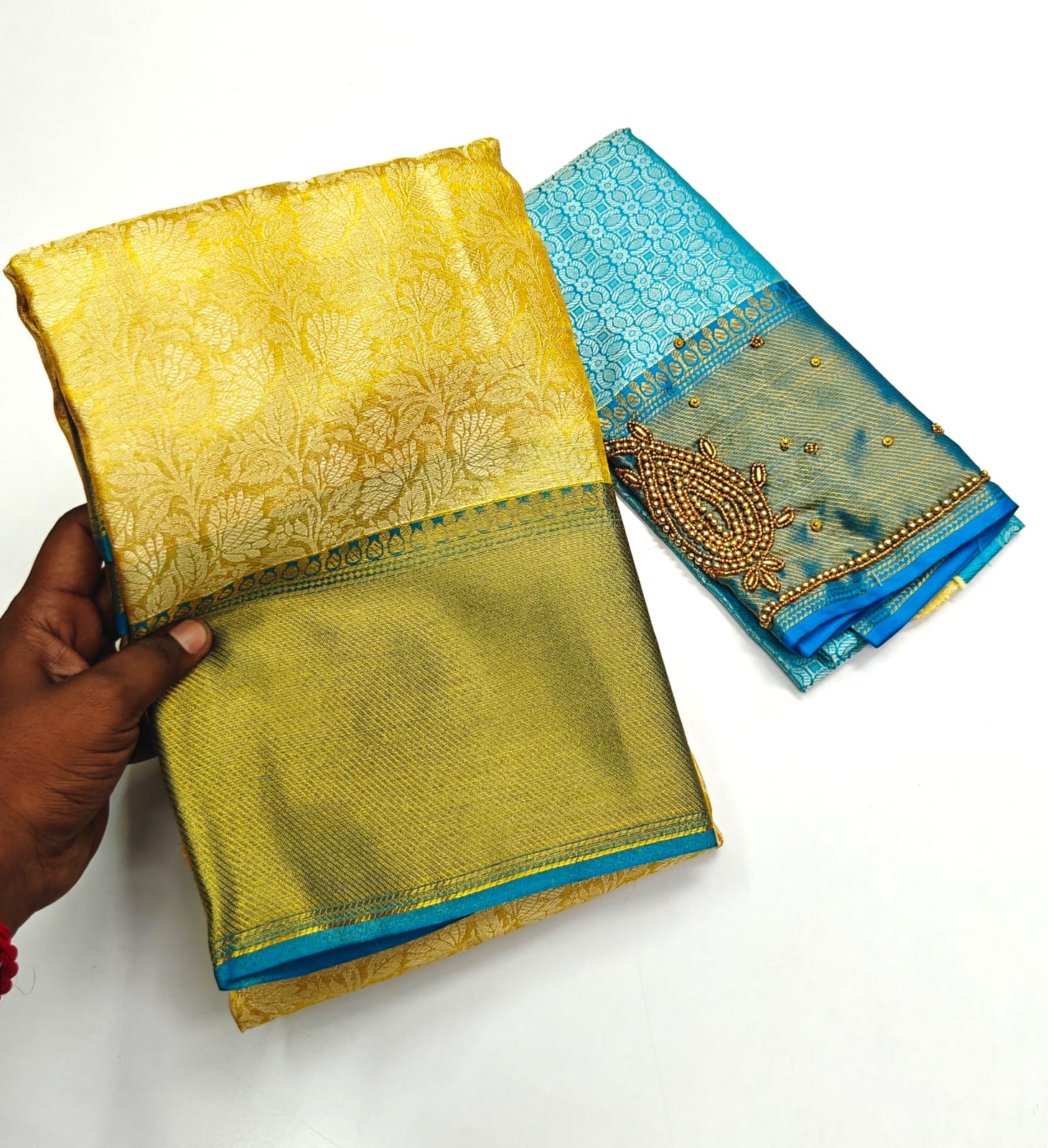 Nita Ambani Inspired Designer Saree with Floral Border & Aari Work Blouse