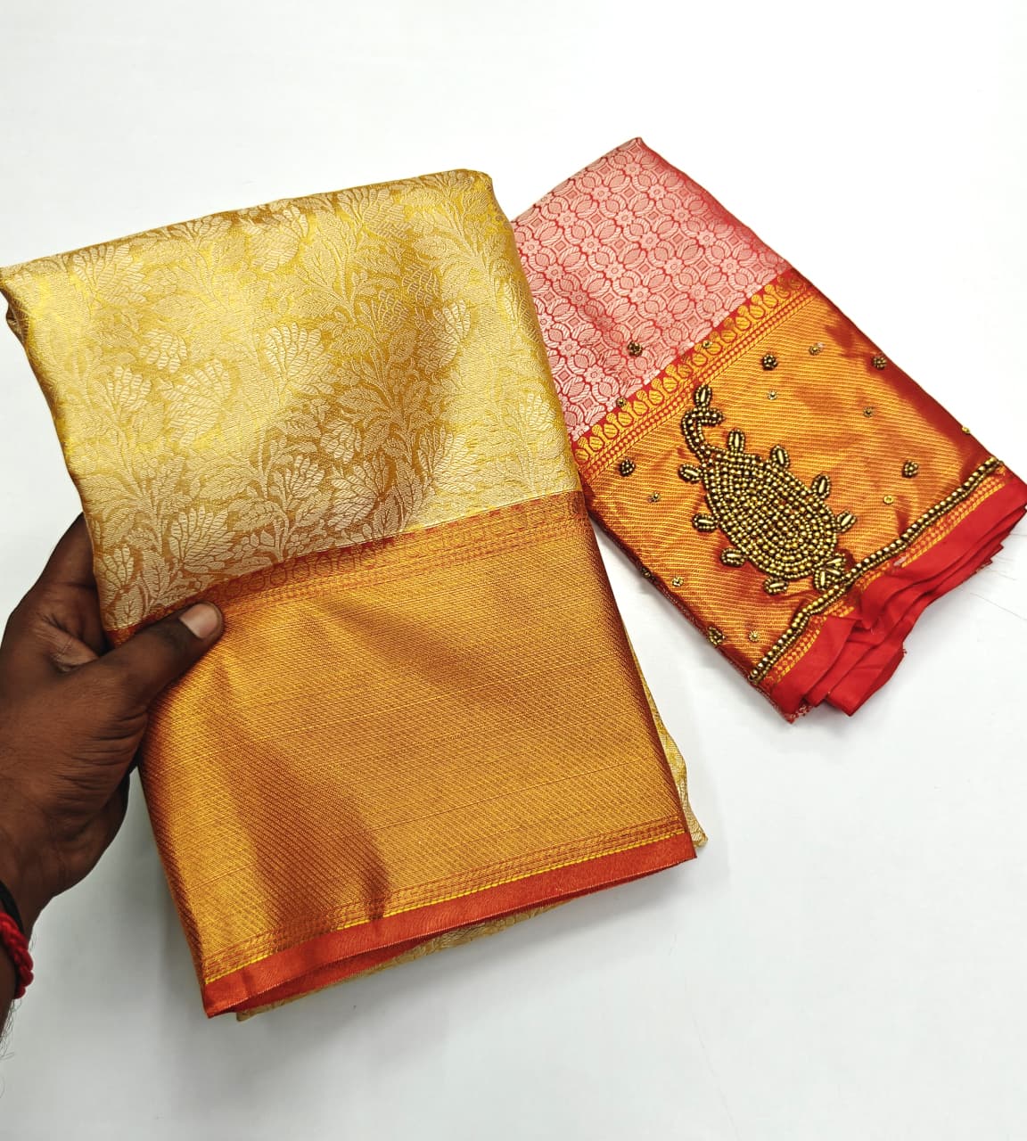 Nita Ambani Inspired Designer Saree with Floral Border & Aari Work Blouse