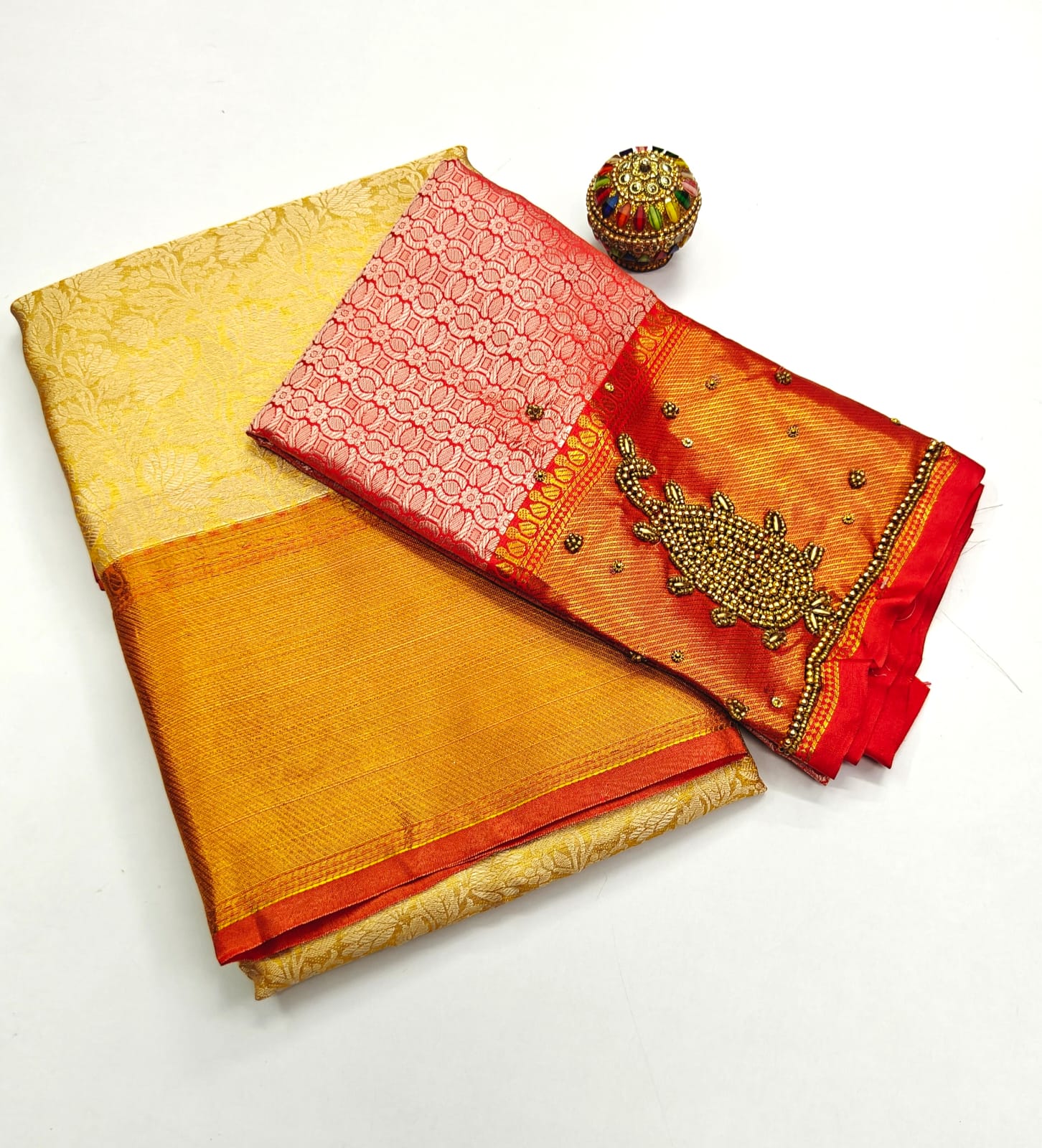 Nita Ambani Inspired Designer Saree with Floral Border & Aari Work Blouse