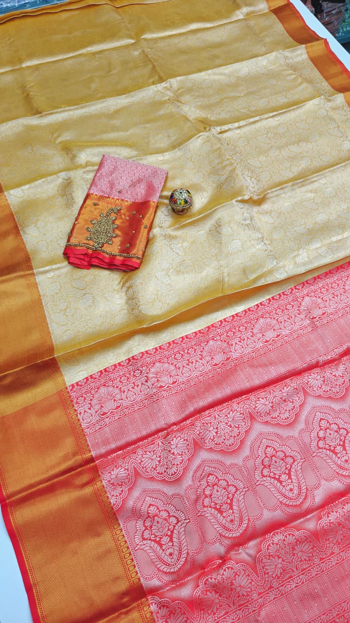 Nita Ambani Inspired Designer Saree with Floral Border & Aari Work Blouse
