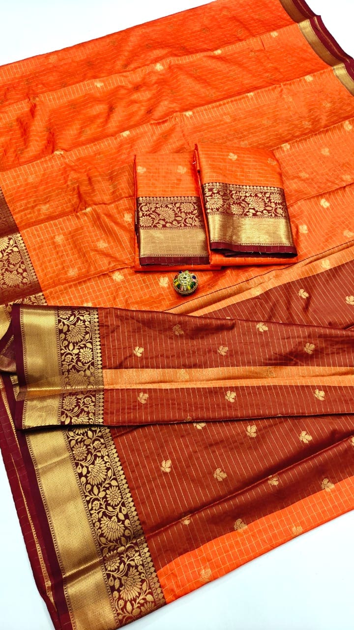 Trending  Rust orange  Design Semi Kanchi Sarees -Eswari Textiles