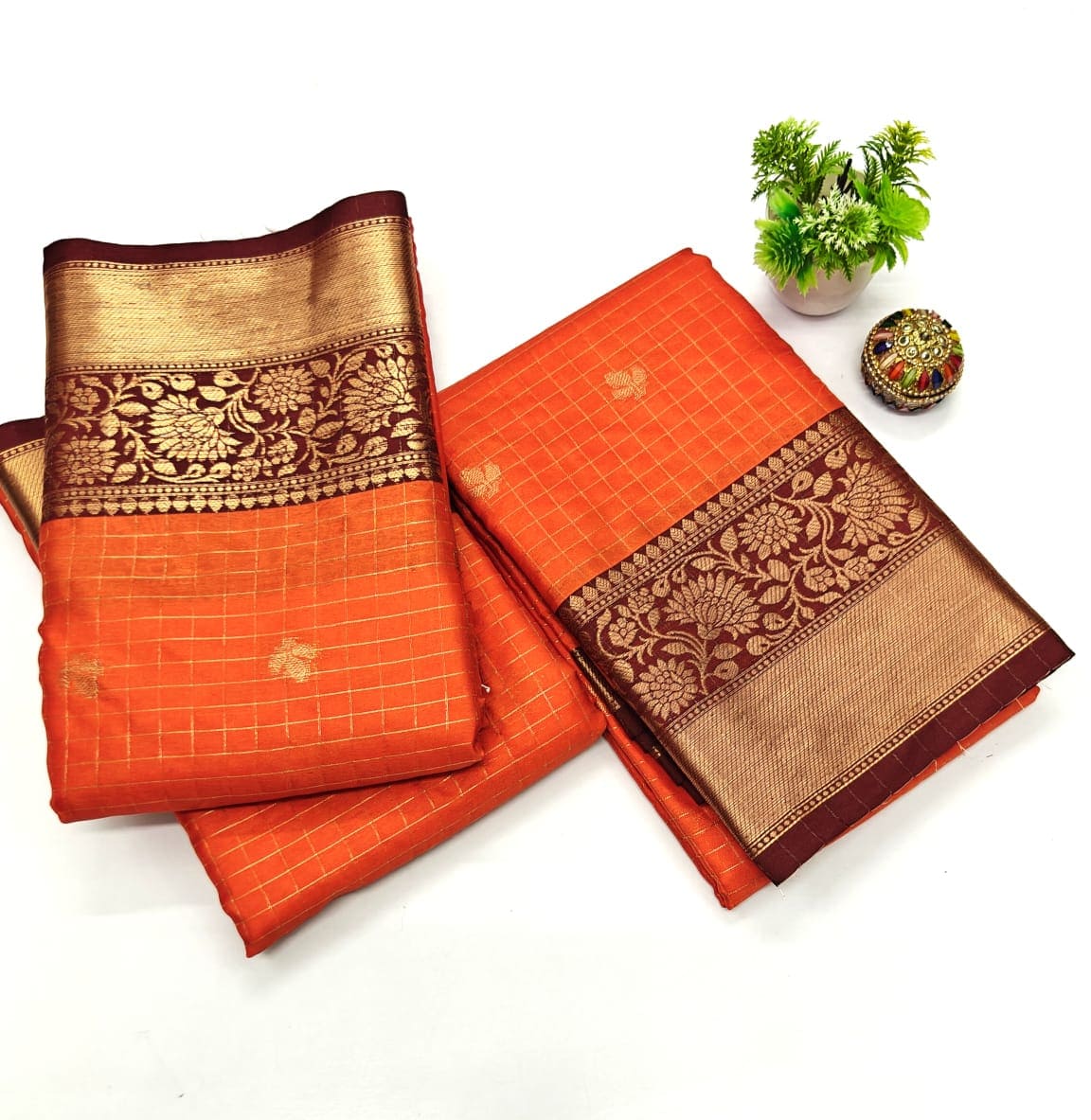 Trending  Rust orange  Design Semi Kanchi Sarees -Eswari Textiles