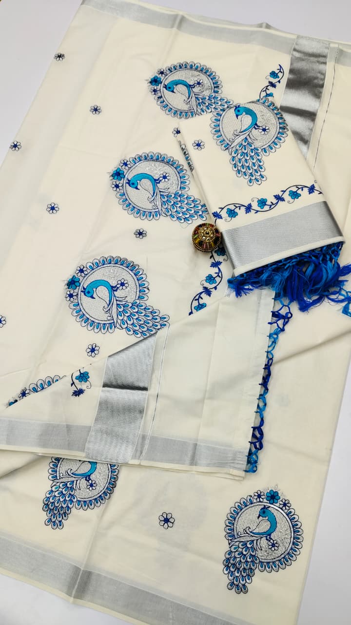 🦋 KERALA COTTON SAREE WITH  EMBROIDERY COLLECTION 🦚